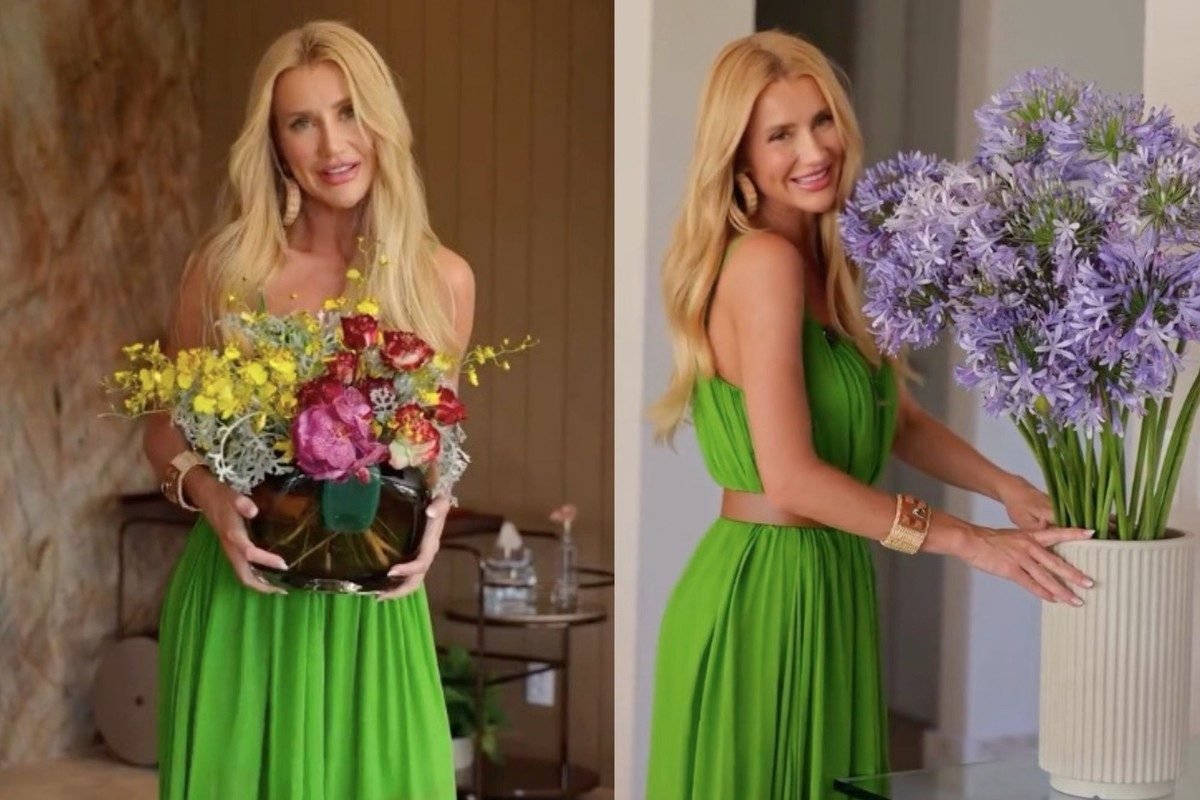 Ana Paula Siebert espalha arranjos de flores pela casa de campo da família. Na imagem da esquerd...