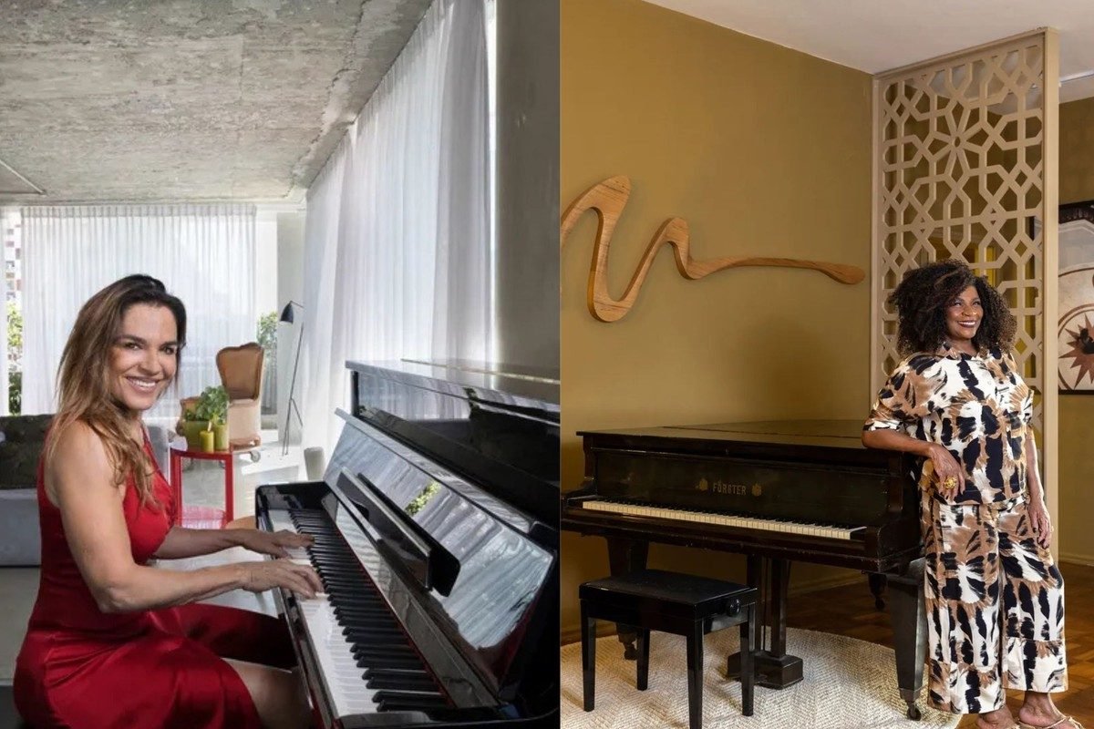 Mara Carvalho sentada tocando o seu piano no segundo andar da sua cobertura em São Paulo. Zezé ...